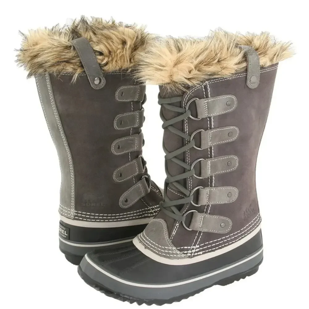 Sorel Joan of Arctic Boots Leather Winter Snow Lace Up Faux Fur Outdoor Gray 9